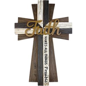 Layered Faith Wall Cross  Inspirational Christian Decor with Faith Makes All Things Possible  Luke 1:37  Rustic Resin Construction with Wood-Look Texture  11  Tall - Religious Jesus Art