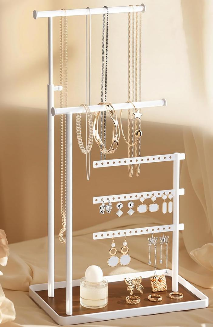 Jewelry Stand Necklace Holder Storage - 17.5'' Tall Adjustable Jewelry Organizer and Storage Display for Earring, Bracelet, Ring, White