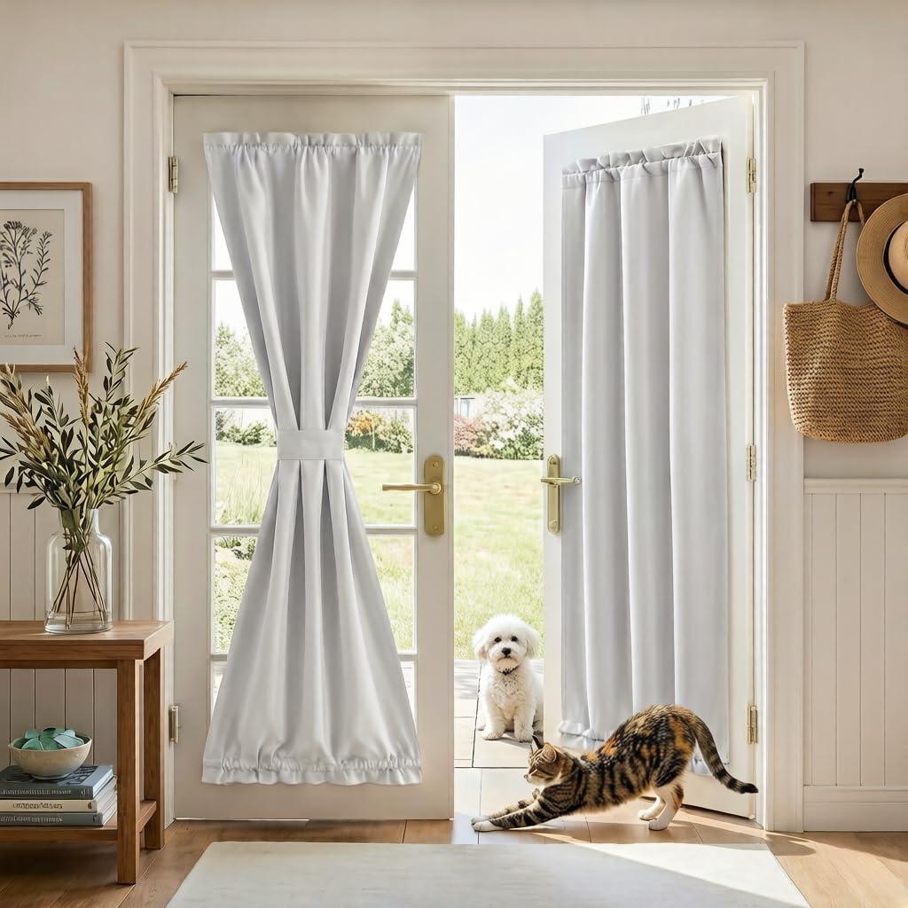 RYB HOME 100% Blackout French Door Curtain for Sidelight Glass Window No Coating - Privacy Assured Thermal Insulated Room Darkening Drapes for Sidelight Window, W 26 x L 72, 1 Panel, Greyish White