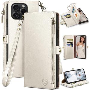 XcaseBar compatible with iPhone 16 Pro Max 6.9" Wallet case with Zipper Credit Card HolderRFID Blocking,Flip Folio Book PU Leather Phone case Shockproof Cover Men Women for Apple16 ProMax case White