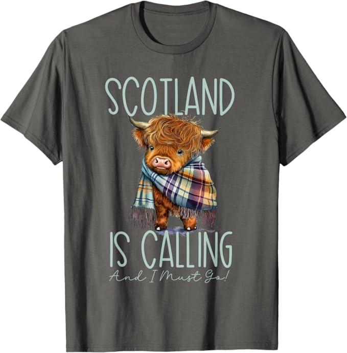 Scotland is Calling and I must Go! Highland Cow T-Shirt M Grey