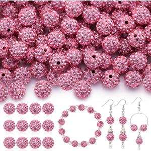 120pcs 10mm Rhinestone Beads for Jewelry Making, Dark Pink Shiny Round Shamballa Disco Ball Beads Bulk, Sparkle Crystal Clay Christmas for Bracelet Baseball Necklace Earring Crafting and DIY