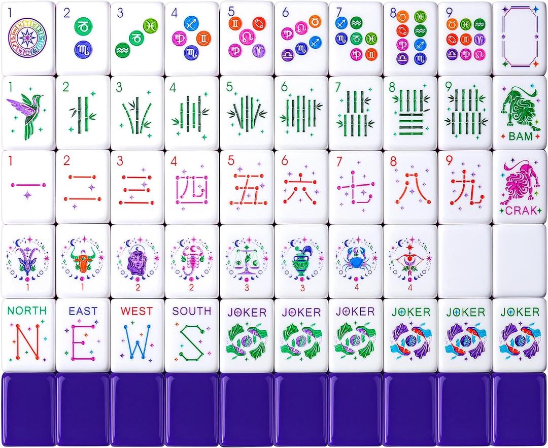 American Mahjong Tile Set 160 Acrylic Tiles with 4 All-in-One Mahjong Tile Racks & Pushers, 12 Zodiac Designs, 4-Layer Colors, 100 Chips, 3 Golden Dice, Vintage Leather Portable Case, 1.3 1 0.6 inches