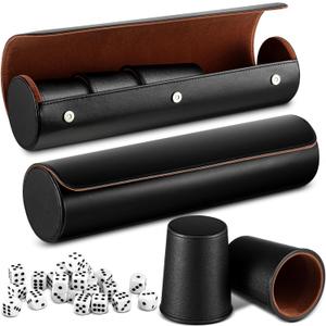 Liliful 2 Set Leather Dice Cups Include 10 Leather Game Cups, 50 Dice and 2 Storage Case with Magnetic Closure, Liars Game Gift for Party, Craps, Backgammon (Black)