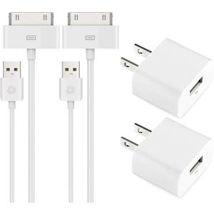 ESK Certified 6 Feet 30 Pin USB Charging Cable with 5W USB Power Adapter for iPhone 4/4s, iPhone 3G/3GS, iPad 1/2/3, iPod Touch 1/2/3/4 (2 Pack) (White)