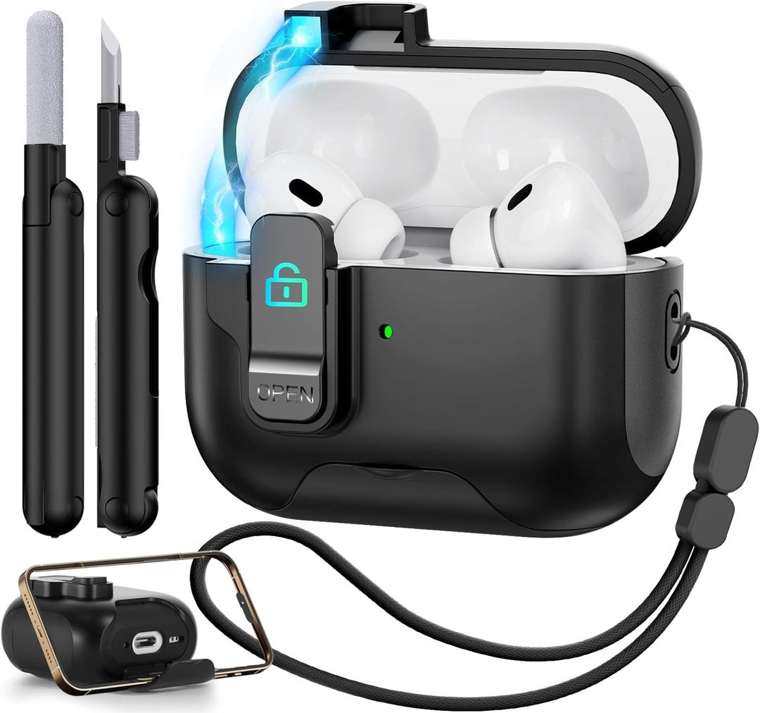 for AirPods Pro 2nd/1st Generation Case with Secure Lock,Shockproof Hard Protective Cover for AirPods Pro 2 Case with Phone Holder,Airpod Pro Cases (2023/2022/2019) with Cleaner Kit-Black
