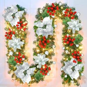 Christmas Garland,Christmas Garland with Lights,Xmas Decor,9 ft Rattan Artificial Flower Vine Plants Xmas Decorations for Indoor Outdoor Home Mantel Fireplace Stairs (Green)