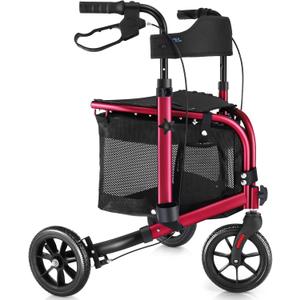 3 Wheel Rollator Walker with Seat for Slim Seniors, Padded Backrest Lightweight Foldable Walker Ideal for Elderly, 8 Inch Tri-Wheel Modern Mobility Walking Aid Aluminum, Red