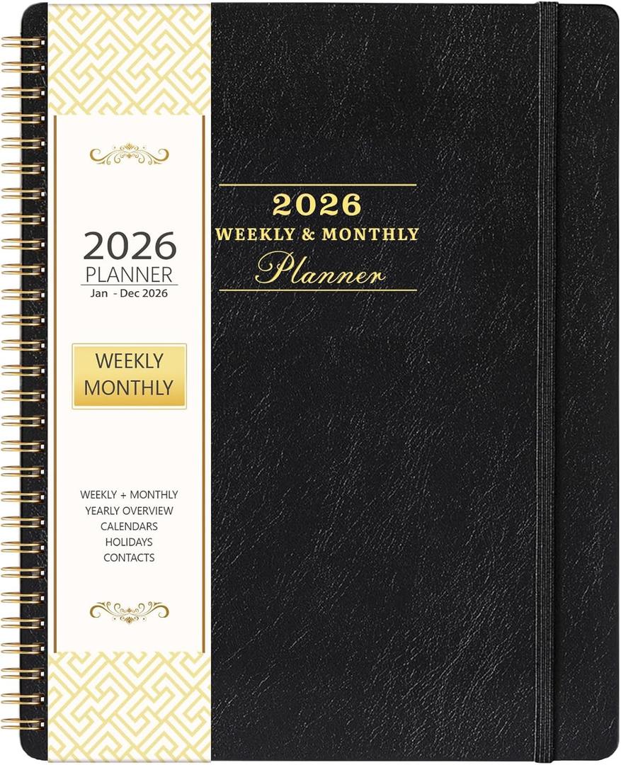 6 x 2026 Planner - Planner 2026, JAN 2026 - DEC 2026, 9" x 11", 2026 Weekly Monthly Planner, Elastic Closure, Tabs, Spiral Bound, Black (8" x 10")