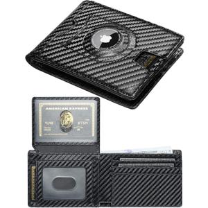 furid Air Tag Wallet Men Slim: Minimalist 2 ID Window RFID Leather Wallets with Airtag Holder - Gifts for Husband Father at Birthday Anniversary (Black Carbon)