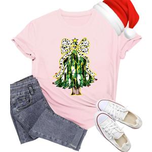Christmas Shirts for Women Christmas Tree T-Shirt Merry Xmas Graphic Tee Tops (Pink, S)