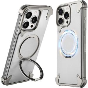 OATSBASF for iPhone 16 Pro 6.3" Case, Sleek Minimalist Protective Shock Absorption Aerospace Grade Aluminum Shells with 360 Rotating Kickstand Phone Case, Natural Titanium