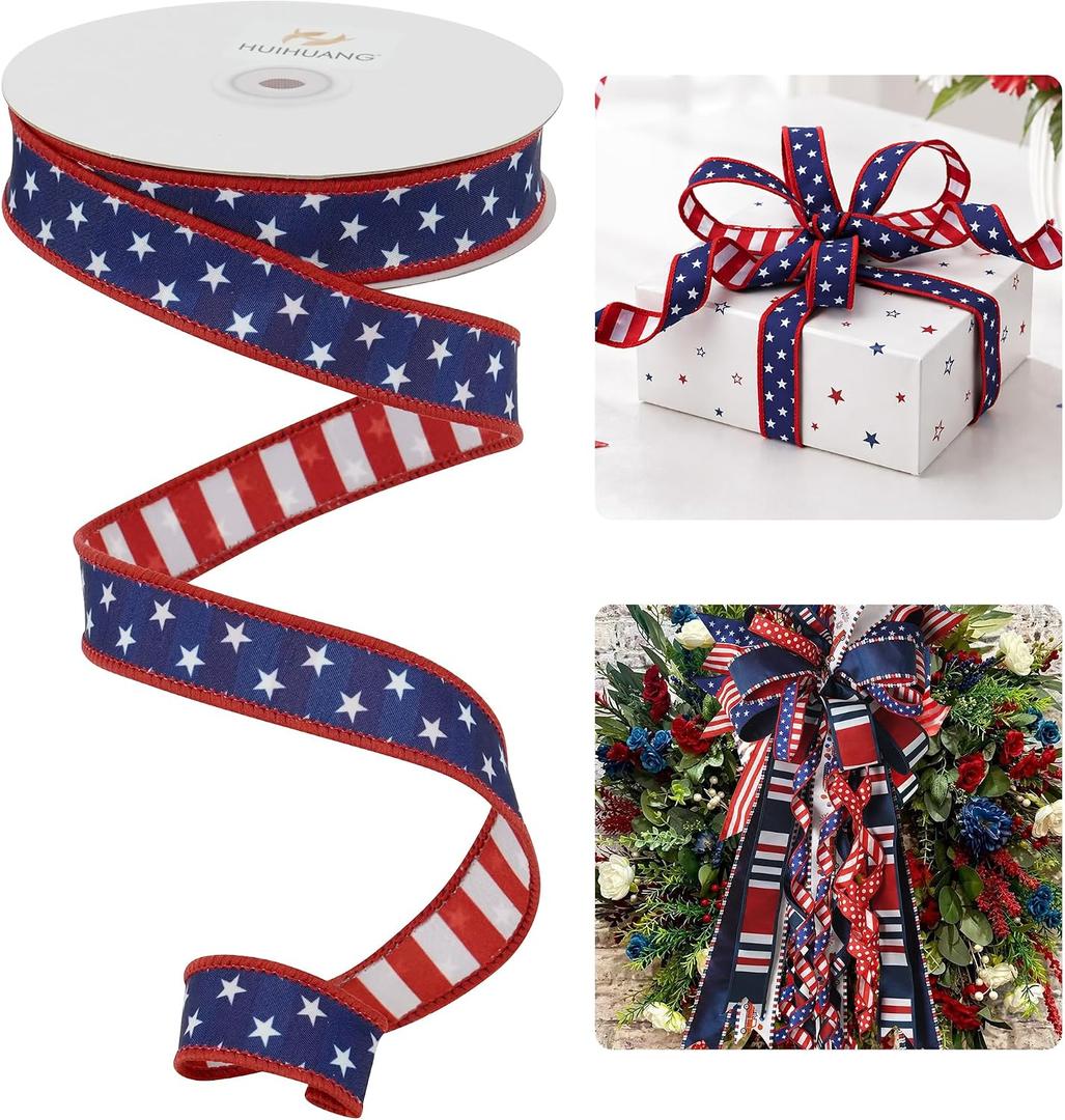 HUIHUANG Stars and Stripes Reversible Dupioni Wired Ribbon 1 inch Patriotic Wire Edge Ribbon for 4th of July Memorial Day Home Decor Bows Making DIY Crafts - Continuous 10 Yards