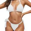 Zonsaoja Women Thong Bikini Side Tie Triangle Two Piece Bathing Suits Halter Knot Swimsuits (Medium, White)
