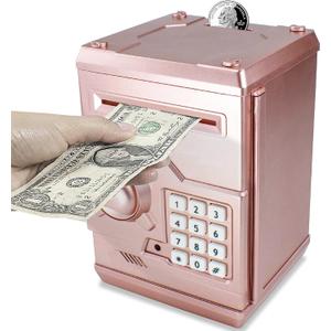 Mini ATM Piggy Bank ATM Machine Best Gift for Kids,Electronic Code Piggy Bank Money Counter Safe Box Coin Bank for Boys Girls Password Lock Case (Rose Gold)