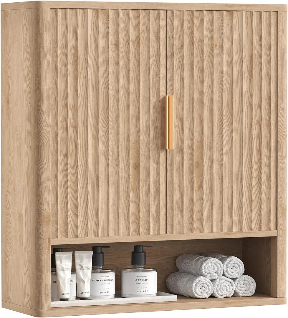 Rovaurx Fluted Medicine Cabinet with 2 Doors, Bathroom Wall Cabinet, Curved Profile Wall Mounted Cupboard with Adjustable Shelf, for Bathroom, Kitchen, Laundry Room, Natural