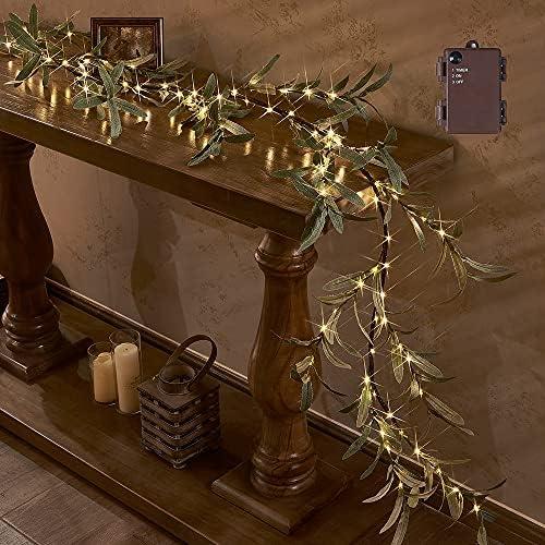 Hairui Lighted Artificial Olive Garland 6FT 96 LED Fairy Lights Battery Operated, Faux Vine Lights with Timer for Spring Christmas Holiday Fireplace Decoration