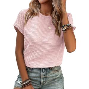 SHEWIN Womens Summer Tops Crewneck Short Sleeve T Shirts Casual Textured Work Shirt Loose Blouses (Pink, XXL)
