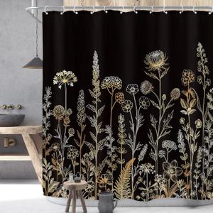 Riyidecor Black Gold Floral Wildflower Shower Curtain for Bathroom Decor 72Wx72H Golden Flower Botanical Plants Boho Vintage Rustic Art Printed Fabric Polyester Waterproof Women Girl Girly
