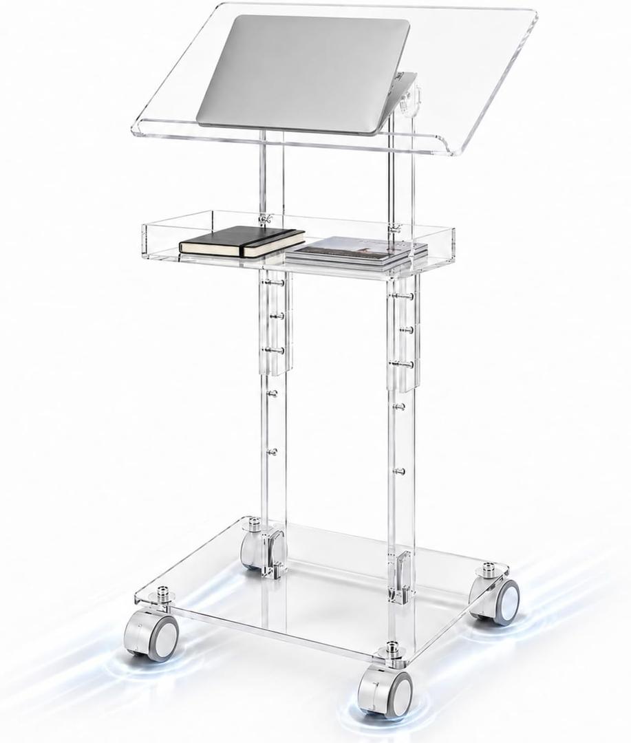 Sintuff Acrylic Podium Stand 47"h Adjustable Height Rolling Podium with Wheels Storage Shelf Rolling Laptop Cart Storage Shelf Portable Lectern Pulpit for Church Classroom Wedding Speech