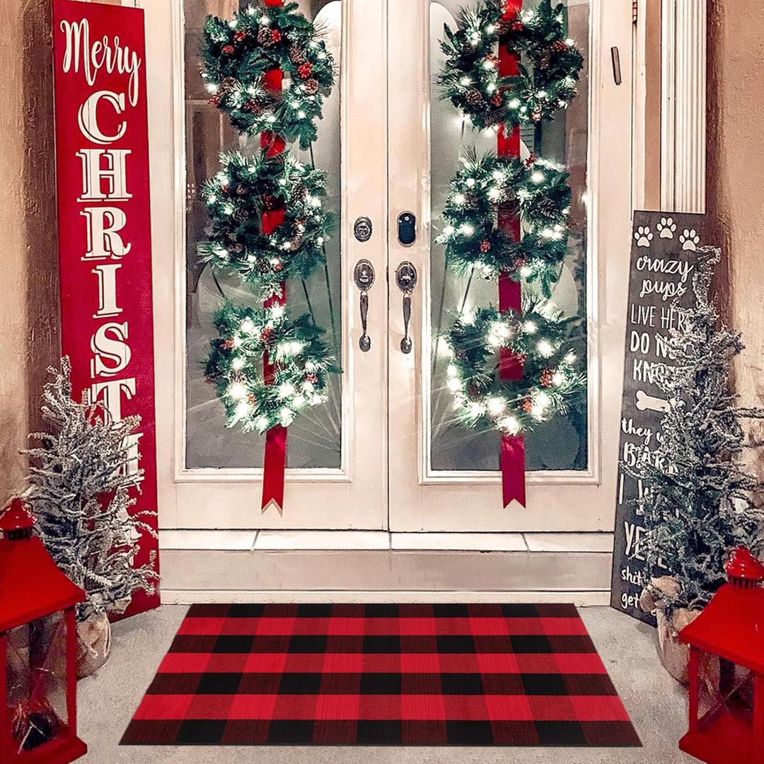 Christmas Rugs Red and Black Plaid, 28” x 43” Area Rug Outdoor Indoor Front Porch Doormat Cotton Hand-Woven Layered Door Mats for Entryway Patio Entryway Laundry Bedroom Living Room