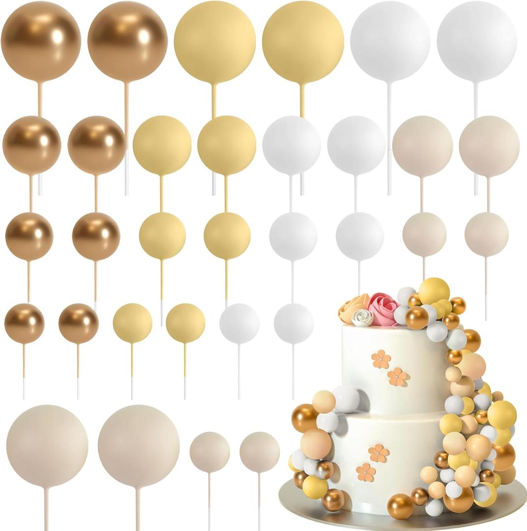 ASTARON 32 Pcs Ball Cake Topper Decorations Mini Balloons Cake Topper Sticks Foam Balls Cake Picks for Graduation Wedding Party Birthday Cake Decorating (Gold, White)