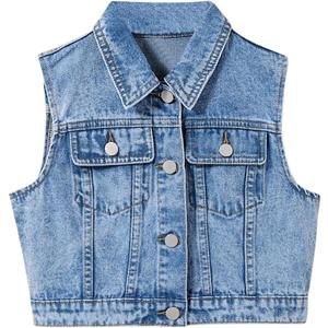 SweatyRocks Girl's Denim Vest Button Down Sleeveless Jean Jacket Outerwear with Pockets Light Wash, 9Y