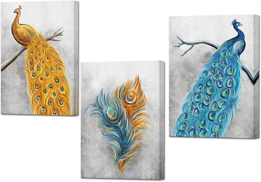 DuoBaorom Feather Picture Peacock Print on Canvas Yellow Blue Wall Art 12x16 inches