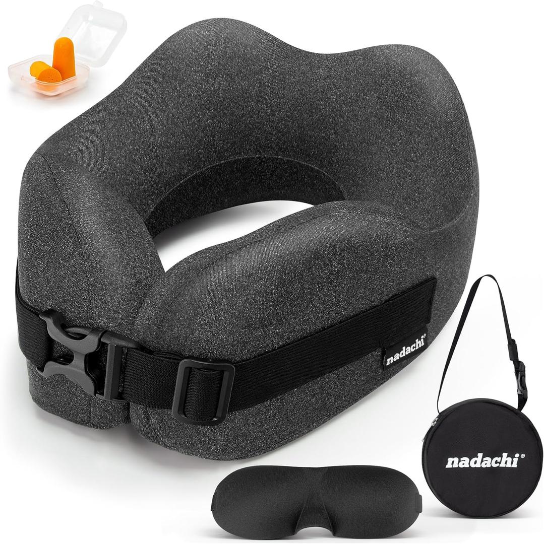 Neck Pillow Airplane Travel Set - Pure Memory Foam Neck Pillow, Plane Pillow for Long Flights Essentials, Sleeping Travel with 3D Contoured Eye Mask, Earplugs, Portable Bag (Gray)