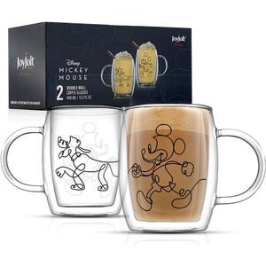 JoyJolt Aroma Disney Mickey and Pluto 13.5oz Glass Coffee Cups Set - 2 Insulated Double Wall Mugs, Large Espresso Cups - Unique Disney Cups