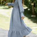 CZLFDFZ Women's 2026 Bohemian Summer Midi Dress Plaid Crew Neck Puff Sleeve Ruffle Flowy Beach Cotton Dresses Blue (S)