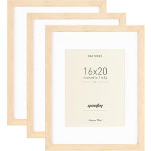 Yaetm Oak Wood 16x20 Frame with Mat for 11x14 Set of 3, Natural Solid Wood 16x20 Picture Frame, Wide Molding, Wall Decor for Office, Gallery & Home (3 pack, Oak)
