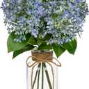 Artificial Hydrangea Flowers in Glass Vase with Faux Water, 13.8" Fake Blue Hydrangeas Arrangement Centerpiece for Home Caf Kitchen Bathroom Decoration