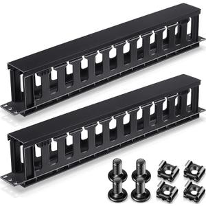 Leinuosen 4 Pcs 1U Horizontal Cable Management Rack Mount Sleeve12 Slot Organizer with Panel Cover, 19 Inch Server Rack, Wall Shelf Mount, Includes Screws Cage Nuts for Setup