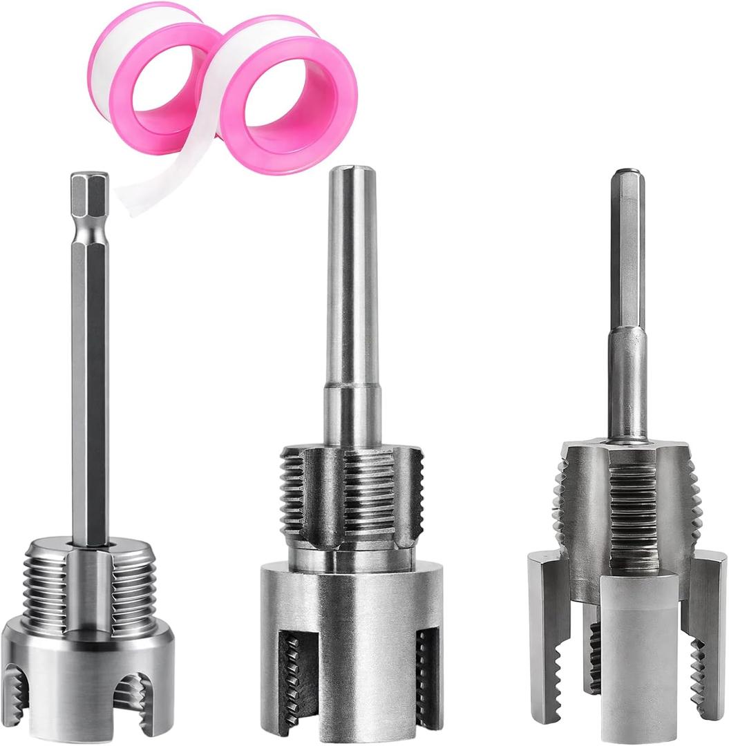 PVC Pipe Threader Set, 3Pcs Integrated Internal & External Pipe Threading Tool for 1/2", 3/4", 1" PVC Pipes, Includes 2 Rolls of 6M Tape, Ideal for Plumbing Repairs & Irrigation Systems