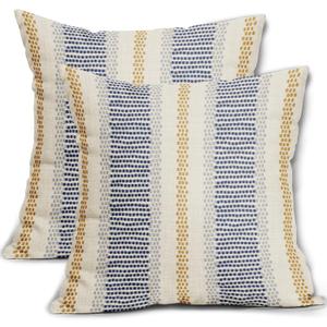 Blue Yellow Pillow Covers 18x18 Set of 2 Gray Grey Dot Print Striped Decorative Throw Pillows Outdoor Boho Rustic Pillowcase Farmhouse Linen Cushion Case Decor for Home Sofa Couch Bed