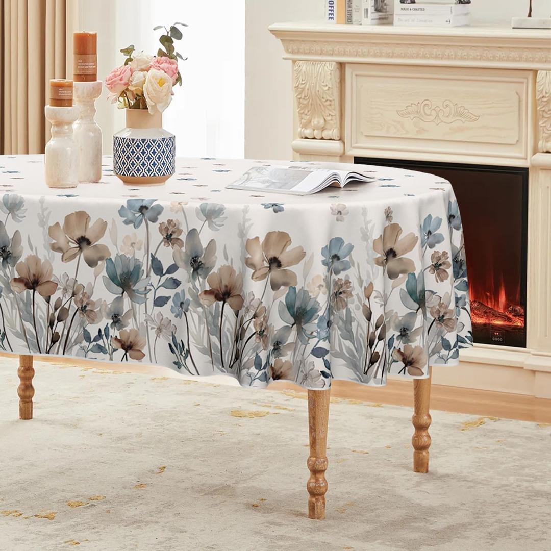 Horaldaily Watercolor Tablecloth 6084 Inch Oval, Watercolor Flowers Washable Seasonal Table Cover for Party Picnic Dinner Decor (Beige)