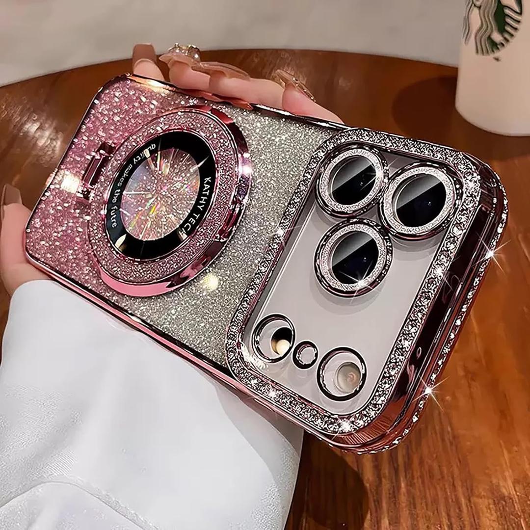 Luxury Bling Diamond Case for iPhone 17 Pro Max 6.9" - Clear Transparent Back with Glitter Card & Sparkling Rhinestones, Magnetic Kickstand, Shockproof Protection - Dazzling Cover for Women, Pink