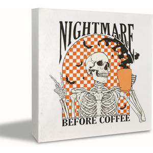 KEUSPI Funny Halloween Desk Wooden Sign,Skull Skeleton Coffee Wood Sign Plaque Decorative,Spooky Skeleton Gifts for Women,Halloween Coffee Bar Decor for Bar Kitchen bathroom 6x6 inch