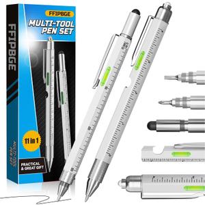 10 x Christmas Stocking Stuffers for Men Adults, 2 Pack Multi-Tool Pen Set, 11 in 1 Multitool Pen with LED Light, Ruler, Level, Screwdriver, Stylus, Flathead, Birthday Gifts for Men, Husband, Silver