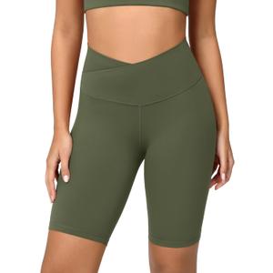 ODODOS Women's Crossover Yoga Shorts with Back Pocket, 8" Buttery Soft V High Waist Lounge Biker Shorts, Dark Olive, Medium, Small
