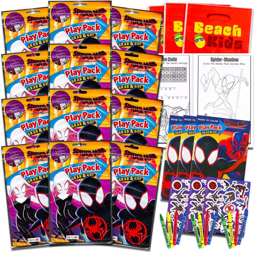 Spiderman Across the Spiderverse Birthday Party Favors and Supplies Bundle for Kids - Bundle with 12 Spider-Verse Activity Play Packs for Boys, Girls with Mini Coloring Books, Loot Bags, and More