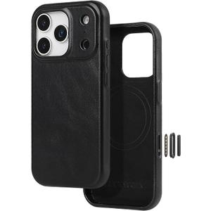 LUCKYCOIN Premium Handcrafted 100% Full-Grain Cowhide Leather Case for iPhone 17 Pro Max 6.9'', Built-in Camera Control Button, MagSafe Compatible, Full Camera Protection, Metal Button, Retro Black