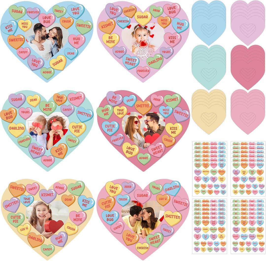 36 Set Valentine's Day Craft Kits Conversation Heart DIY Picture Frame Craft Valentines Photo Frame Heart Sticker Art Craft for Kid Valentine Home School Classroom Activity Decor Supplies