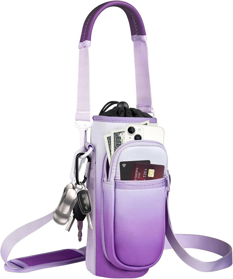Water Bottle Holder with Strap, Water Bottle Carrier Bag with Phone Pocket, Insulated Neoprene Sleeve for 32/40 oz Water Bottles, Shoulder Hand Strap for Walking, Hiking, Camping, Gym (under 32oz, 9 White/Purple Gradient)