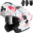 Adult Modular Motorcycle Helmets, DOT Approved Flip up Dual Visor Full Face Helmet for Men Women Moto ATV UTV Snowmobile ADV Four Wheeler Street Bike with Gloves & Mask (Pink Blue White, S)