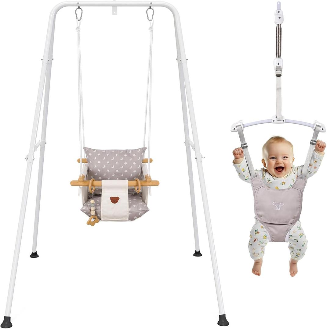 2 in 1 Baby Jumper & Swing, Baby Jumper for Indoor and Outdoor Use, Toddler Swing with Foldable Stand, Stable Bouncer Jumper White