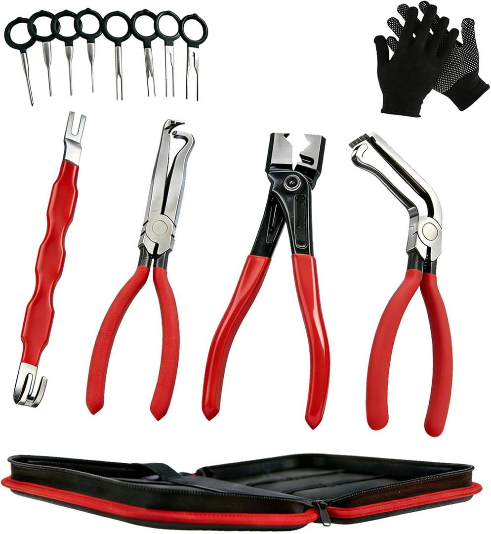 Automotive Electrical Connector Removal Tool & Pliers Kit, 4-Piece Sensor & Injector Removal Tool with 60 Angled & Straight Tips, Hose Clamp Pliers, Terminal Release Tool, Pouch for Car Truck SUV