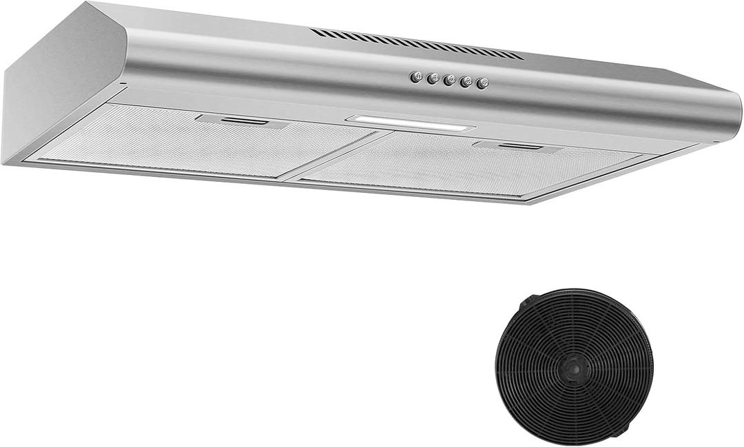 24 inch Range Hood Under Cabinet, Stainless Steel Range Hood 280CFM, Slim Kitchen Stove Hood w/Push Button, Ducted/Ductless Convertible, 3 Speeds Exhaust Fan, LED Light and Carbon Filter