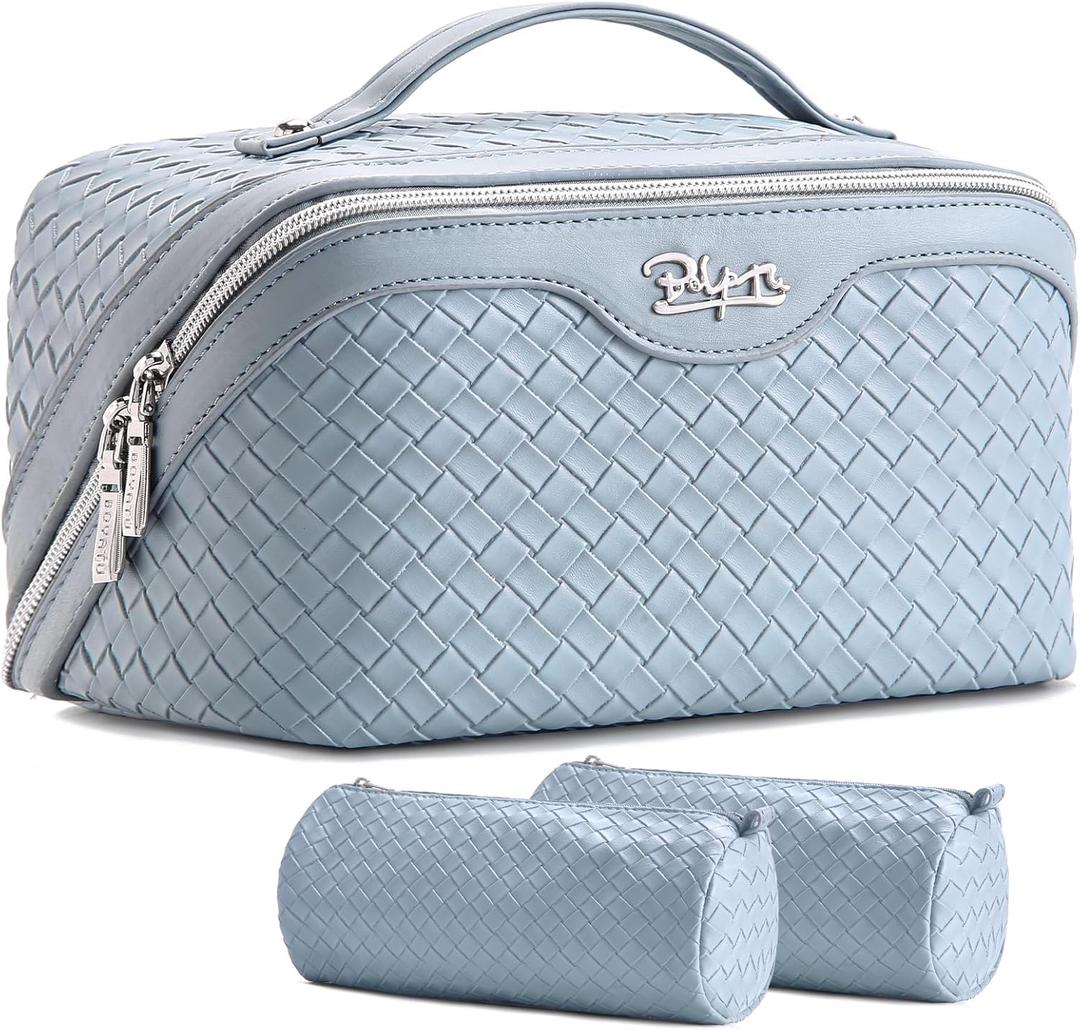 BOYATU Travel Makeup Bag Cosmetic Bags for Women: Large Capacity 3 Pcs Set Make up Bag with Compartments - Waterproof Vegan Leather Toiletry Organizer Bags with Handle (L04 Light Blue)